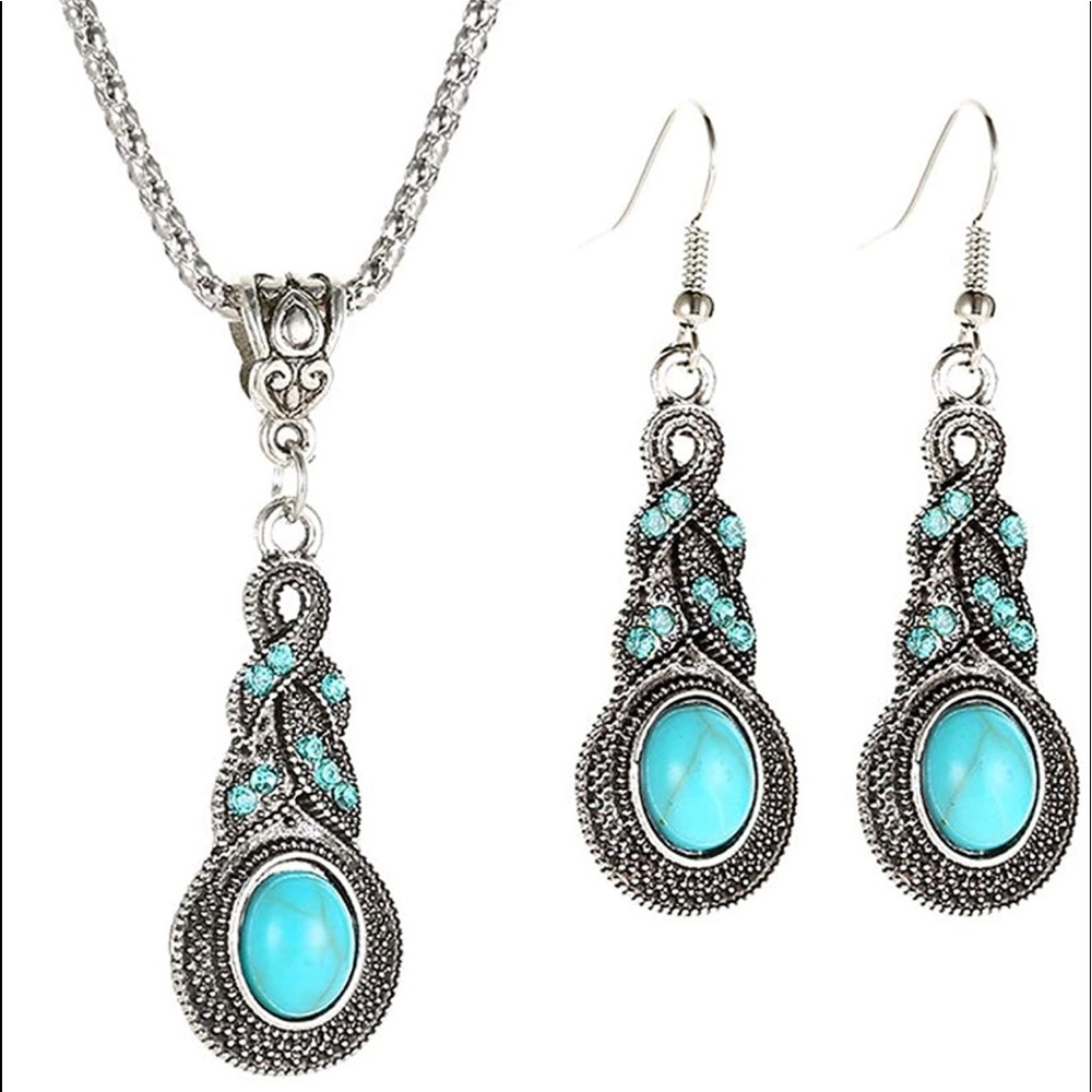 Water Drop Shaped Bohemian Style Turquoise Alloy Necklace and Earrings Set
